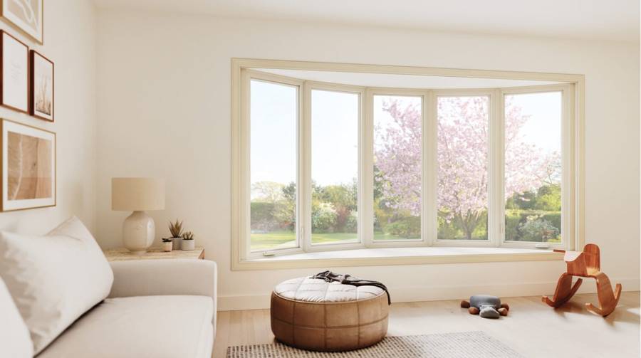 Interior view of a new bay window installed with three replacement window units