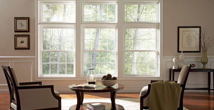 Interior view of new white double hung Alside replacement windows